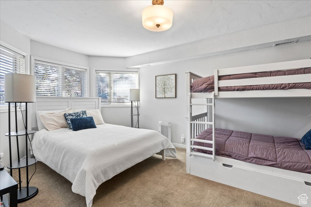 Bedroom with carpet floors and visible vents