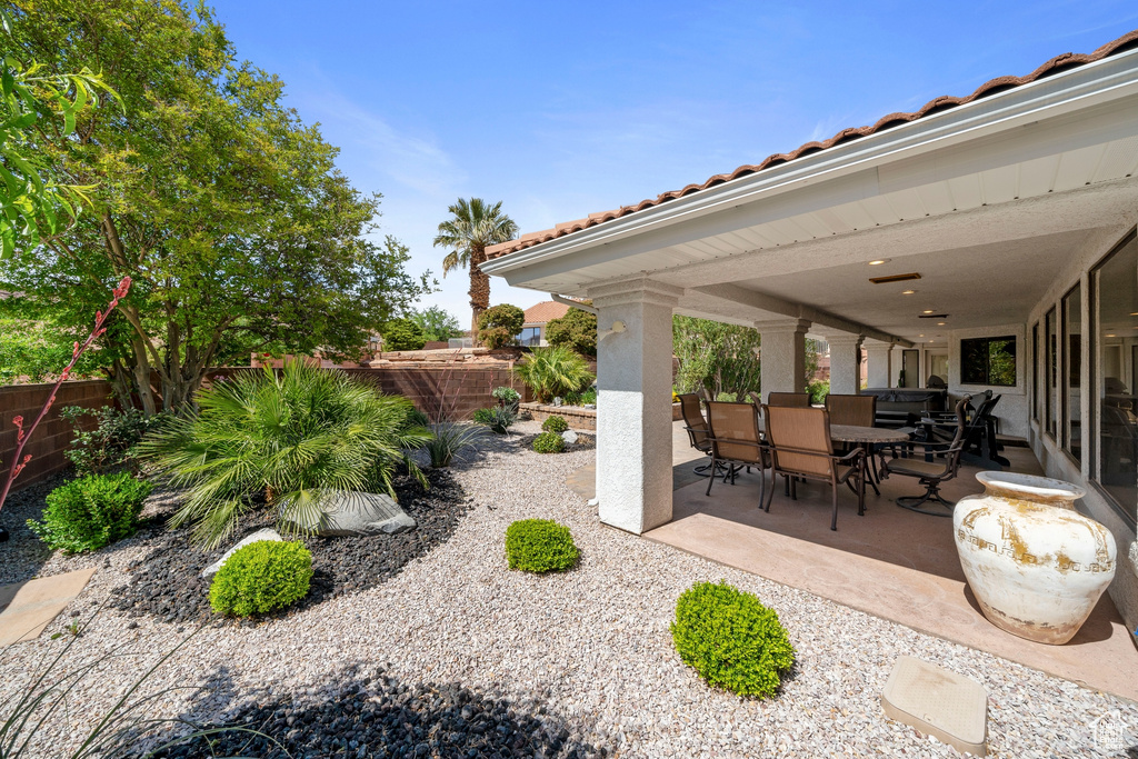 View of patio featuring a fenced backyard and outdoor dining space