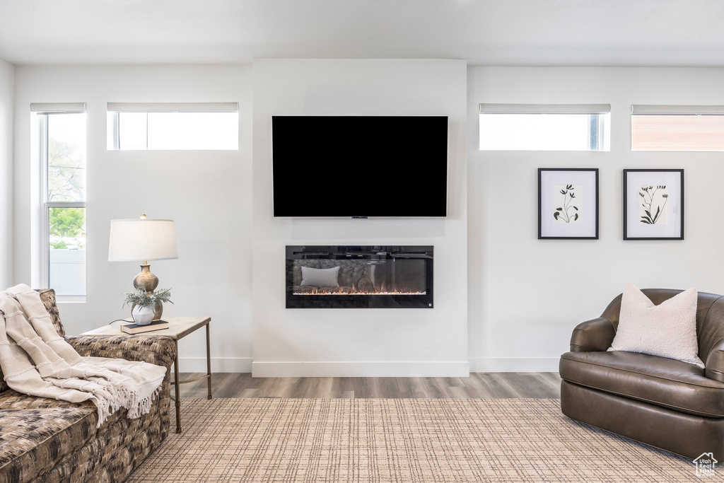 Living room featuring baseboards, a glass covered fireplace, and wood finished floors