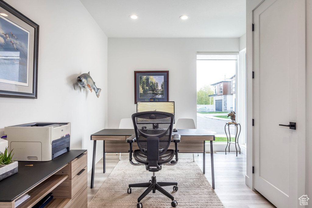 Office featuring recessed lighting and light wood finished floors