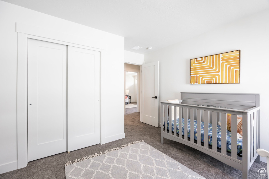 Carpeted bedroom featuring a closet