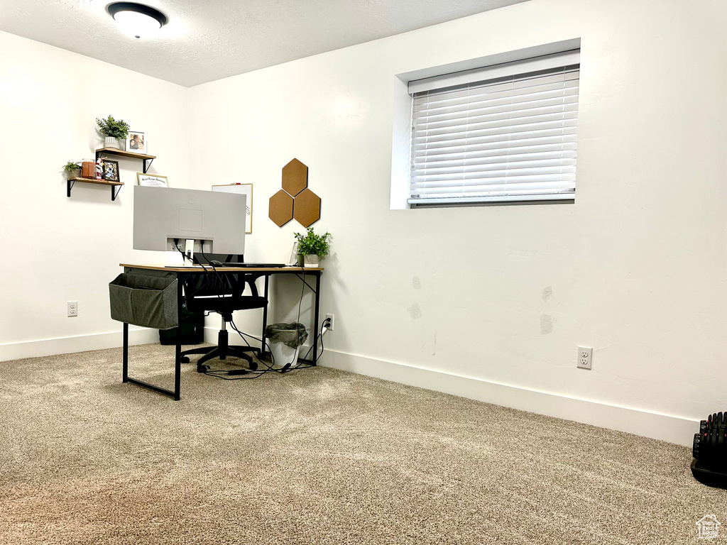 Office area featuring baseboards and carpet