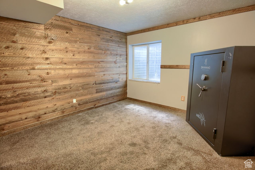 Carpeted spare room with wooden walls, baseboards, and a textured ceiling