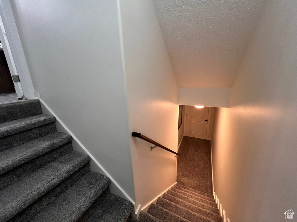 Stairs with baseboards, a textured ceiling, and carpet