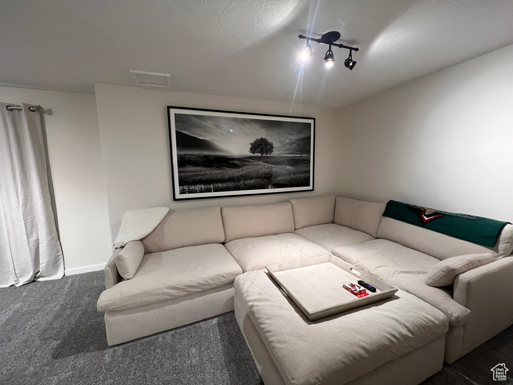 Living room with rail lighting, visible vents, baseboards, and carpet