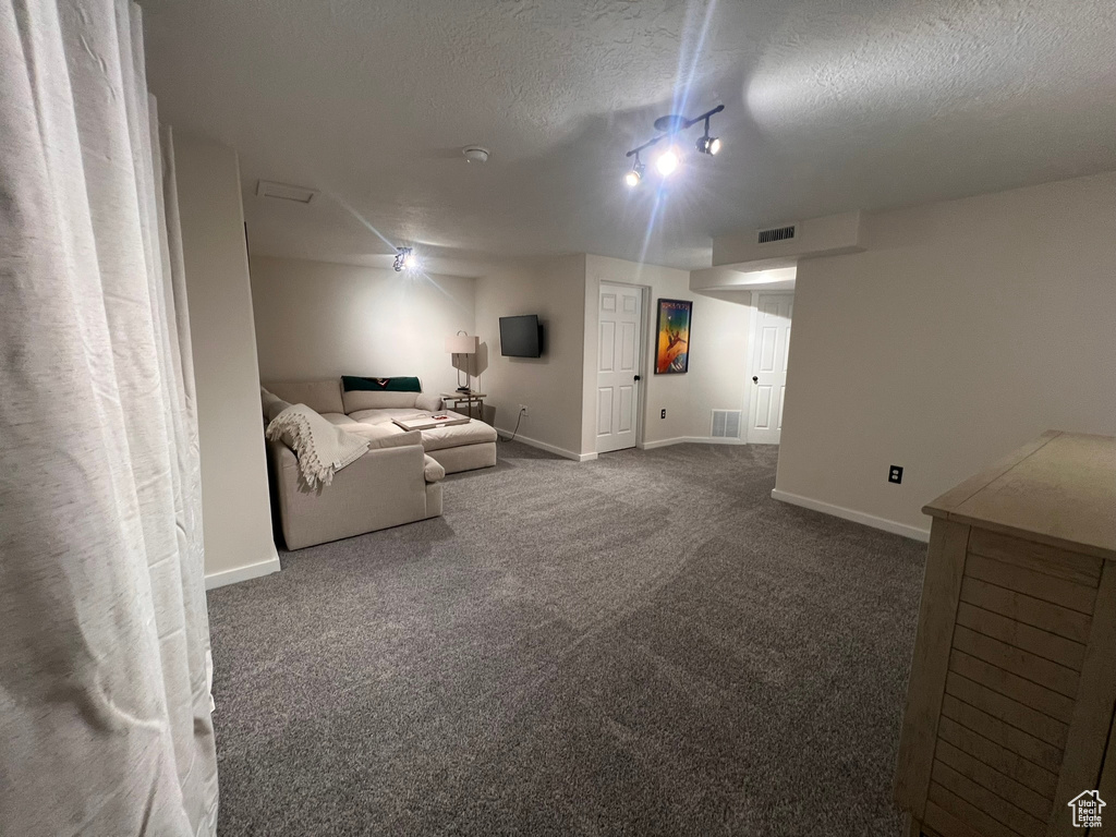 Living area with visible vents, carpet flooring, and a textured ceiling