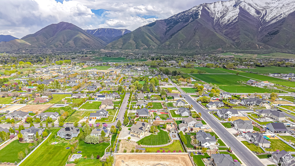 Birds eye view of property with a residential view and a mountain view