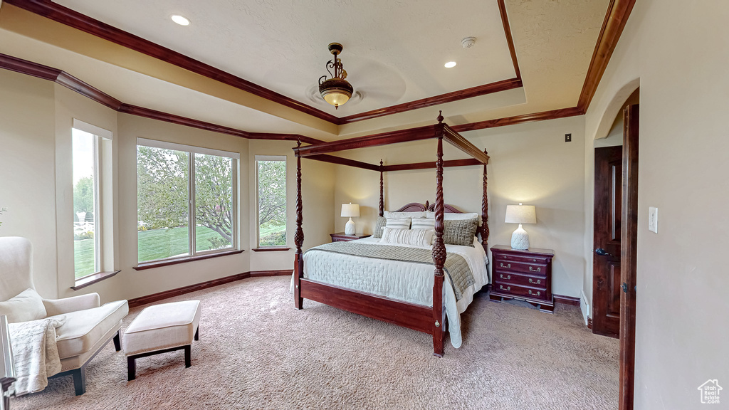Bedroom featuring crown molding, baseboards, carpet flooring, and a tray ceiling