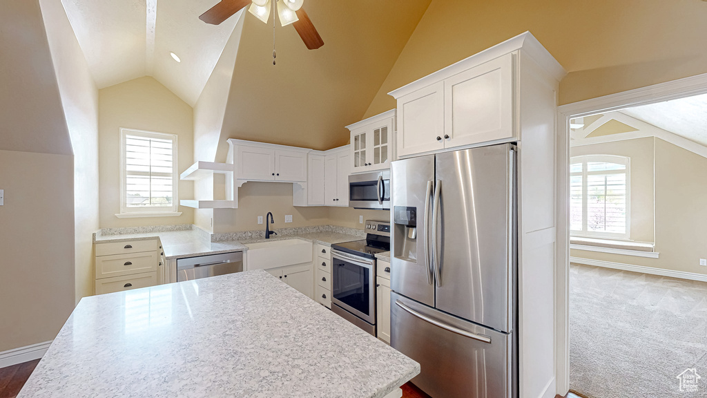 Kitchen with glass insert cabinets, ceiling fan, a sink, appliances with stainless steel finishes, and vaulted ceiling