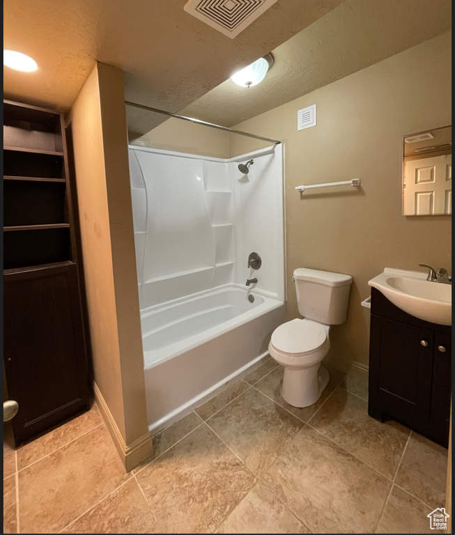 Full bath featuring toilet,  shower combination, visible vents, and vanity