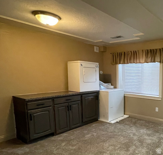 Washroom featuring cabinet space, carpet, baseboards, washer / dryer, and visible vents