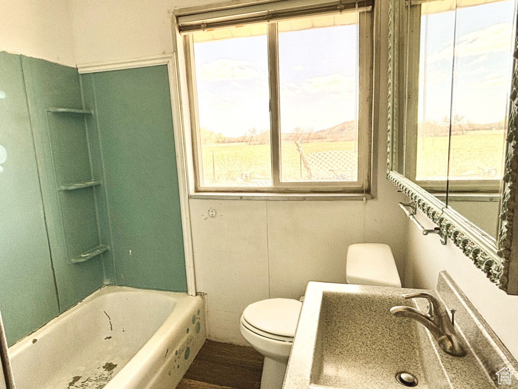 Full bath with a sink, toilet, wood finished floors, and a healthy amount of sunlight
