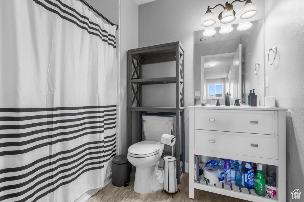 Bathroom with curtained shower, wood finished floors, toilet, and vanity