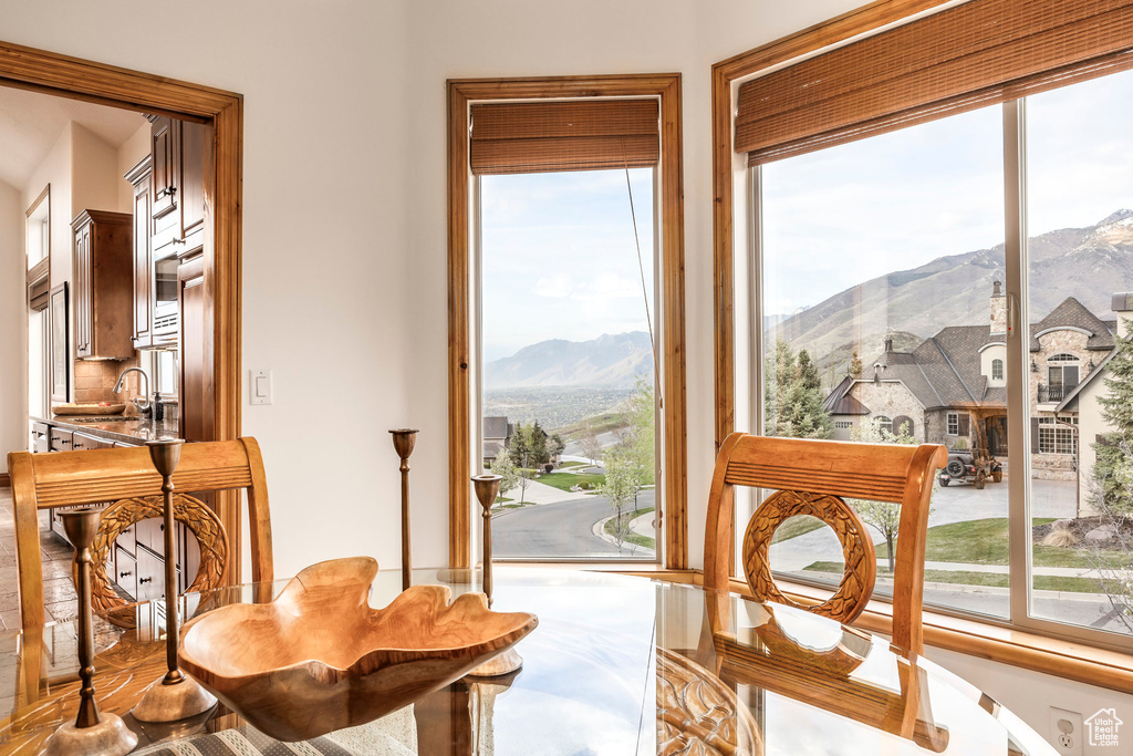 Entryway with a sink, a mountain view, and a healthy amount of sunlight