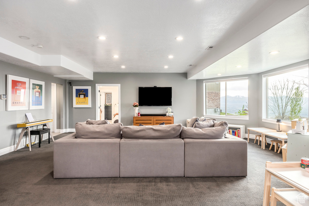 Carpeted living area with baseboards, recessed lighting, and visible vents