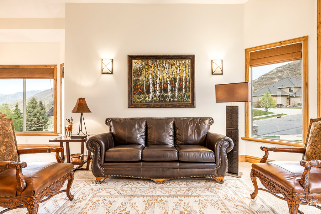 Living area featuring baseboards, plenty of natural light, light carpet, and a mountain view