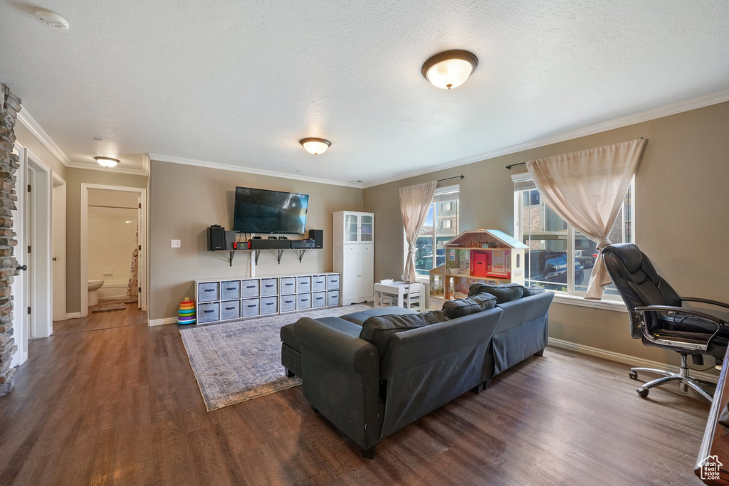 Living area featuring baseboards, ornamental molding, and wood finished floors