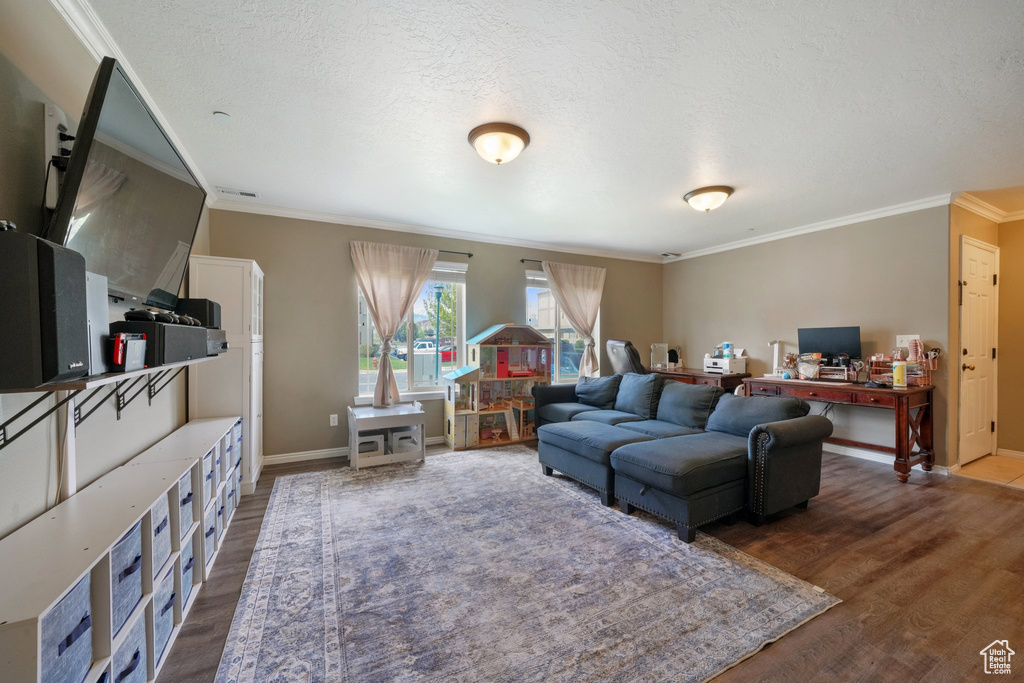 Living area featuring baseboards, ornamental molding, dark wood-style flooring, and a textured ceiling