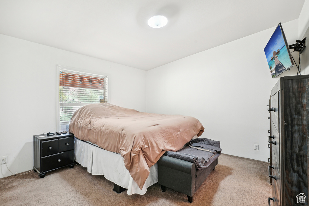 Bedroom with light colored carpet