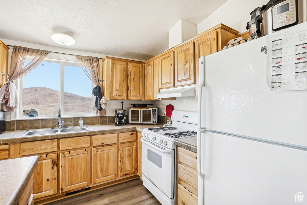 Kitchen with a sink, light countertops, under cabinet range hood, white appliances, and light wood-style flooring