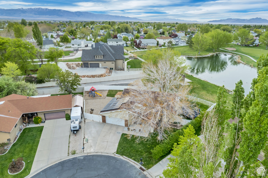 Aerial view with a residential view and a water and mountain view