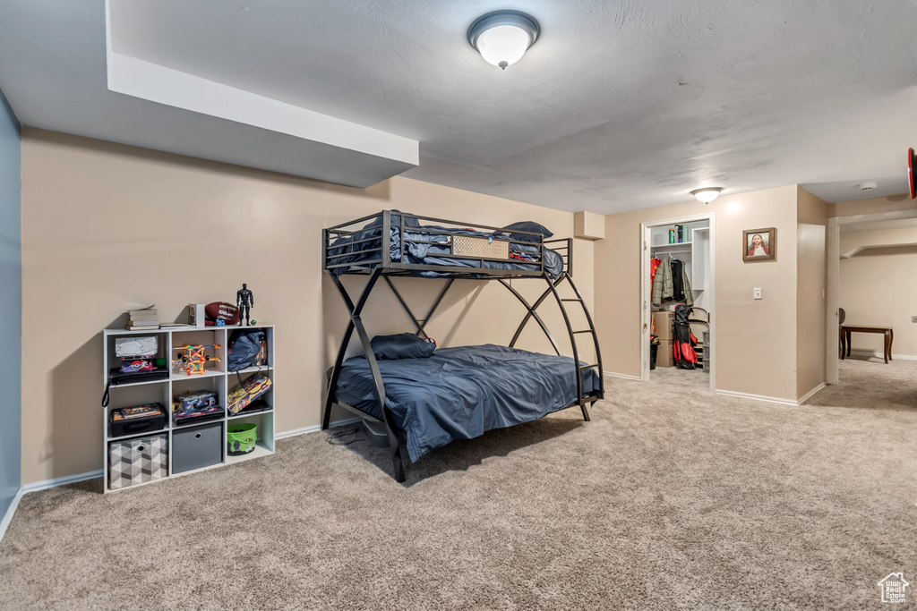 Bedroom with a closet, carpet, and baseboards