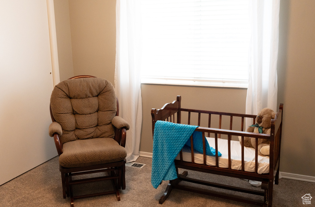 Carpeted bedroom featuring visible vents