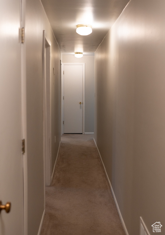 Corridor featuring baseboards and light colored carpet
