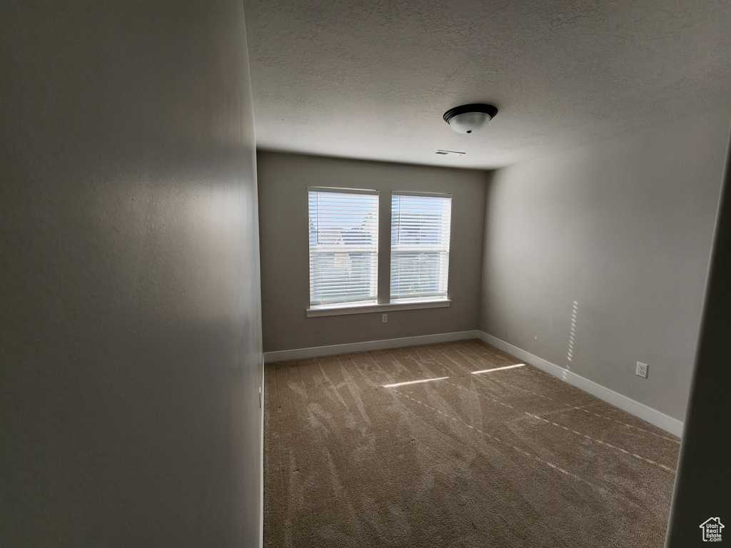 Unfurnished room featuring baseboards, carpet flooring, and a textured ceiling