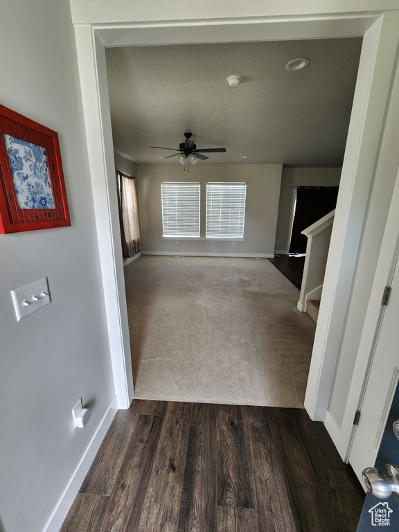 Corridor featuring baseboards, dark wood finished floors, and dark carpet