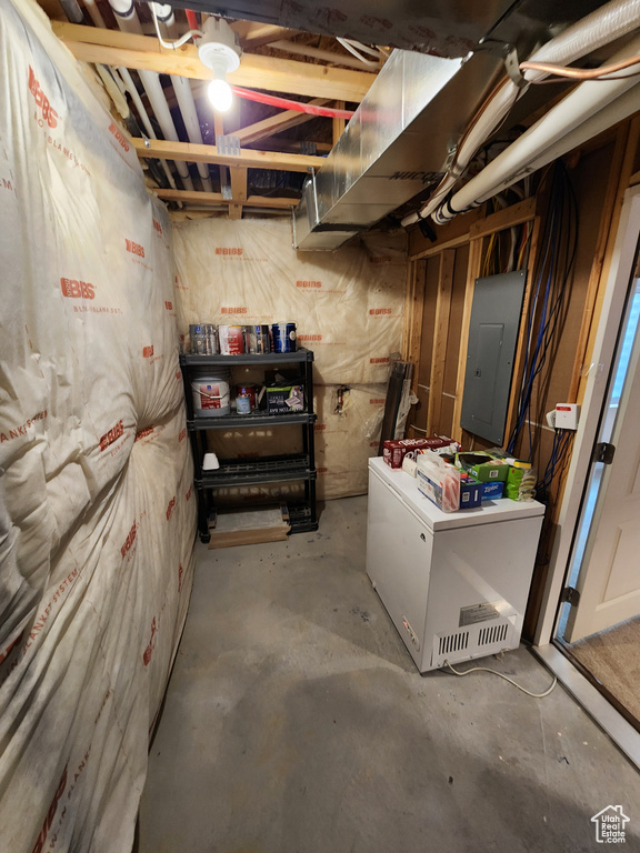 Unfinished basement with electric panel and refrigerator