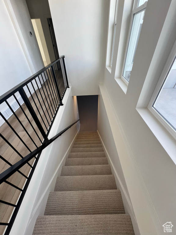 Stairway featuring a wealth of natural light and a towering ceiling