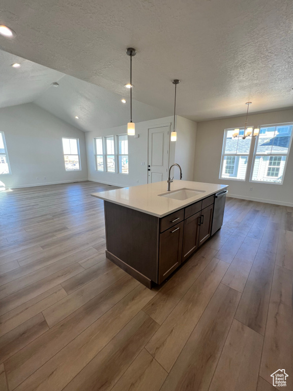 Kitchen featuring a sink, stainless steel dishwasher, wood finished floors, and open floor plan