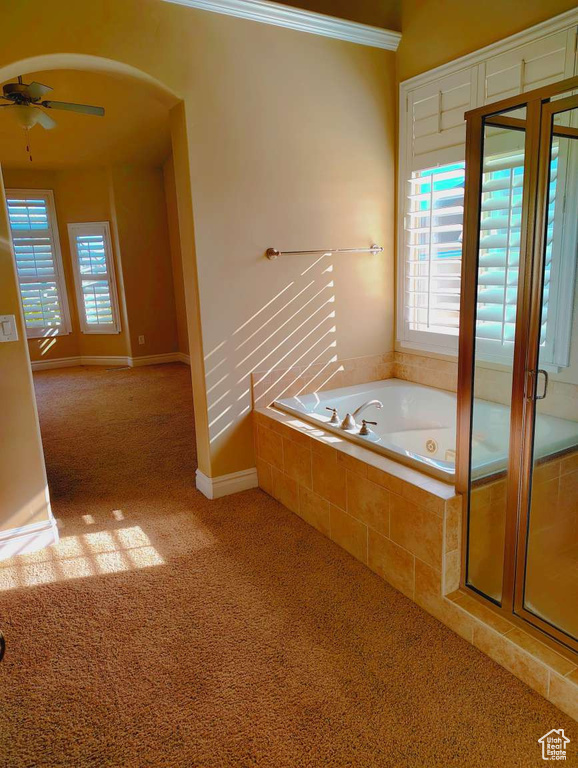 Bathroom with ceiling fan, a jetted tub, baseboards, ornamental molding, and a stall shower