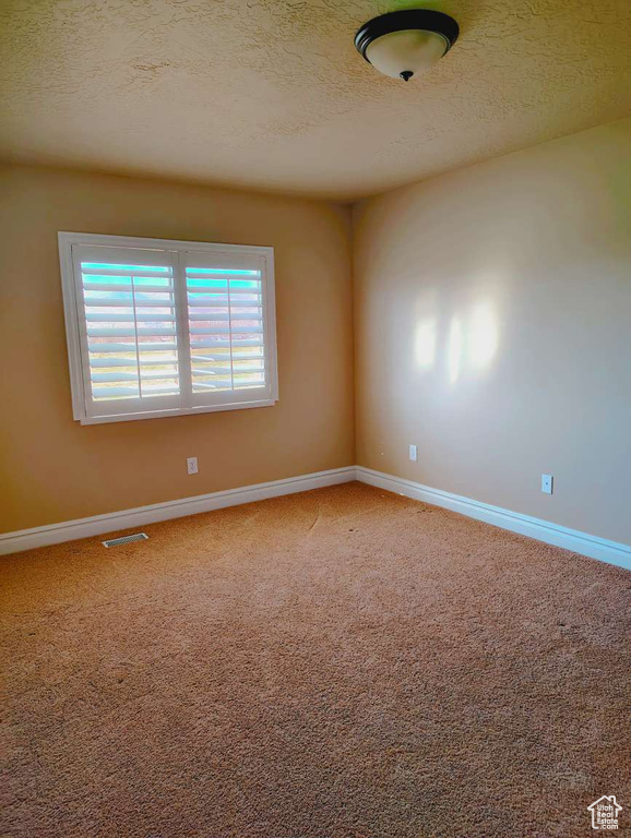 Empty room featuring a textured ceiling, visible vents, baseboards, and carpet