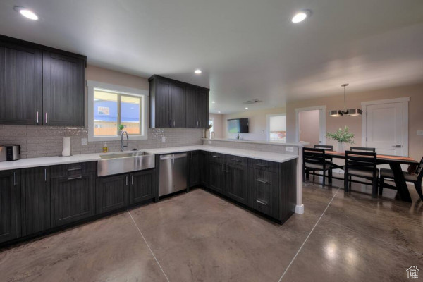 Kitchen featuring a sink, a healthy amount of sunlight, backsplash, and dishwasher