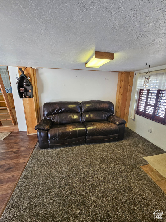 Living room with a textured ceiling, dark carpet, and dark wood-type flooring