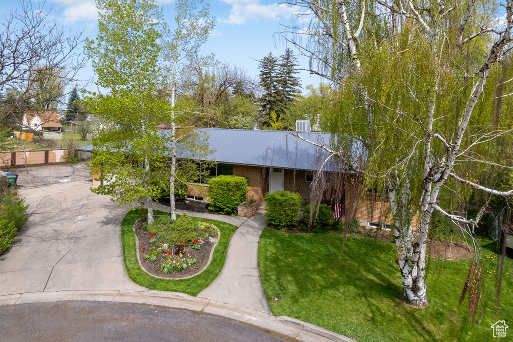 Ranch-style home featuring brick siding, driveway, metal roof, and a front lawn