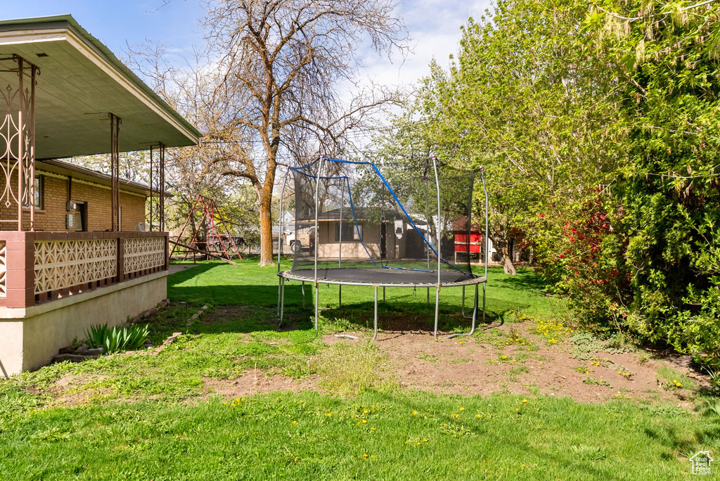 View of yard featuring a trampoline