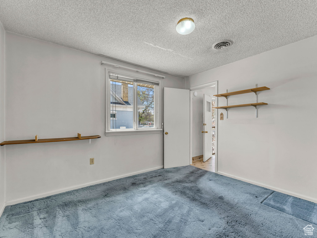 Carpeted spare room featuring a textured ceiling, visible vents, and baseboards