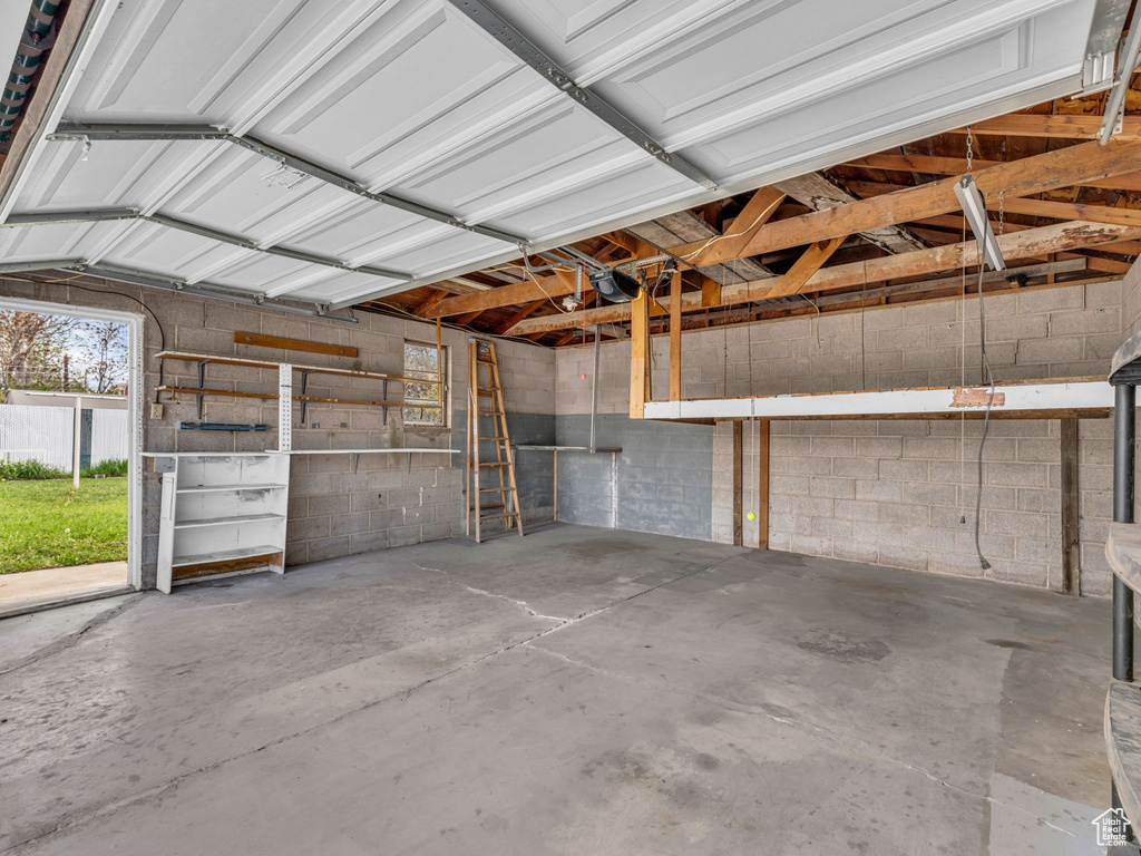 Garage with concrete block wall