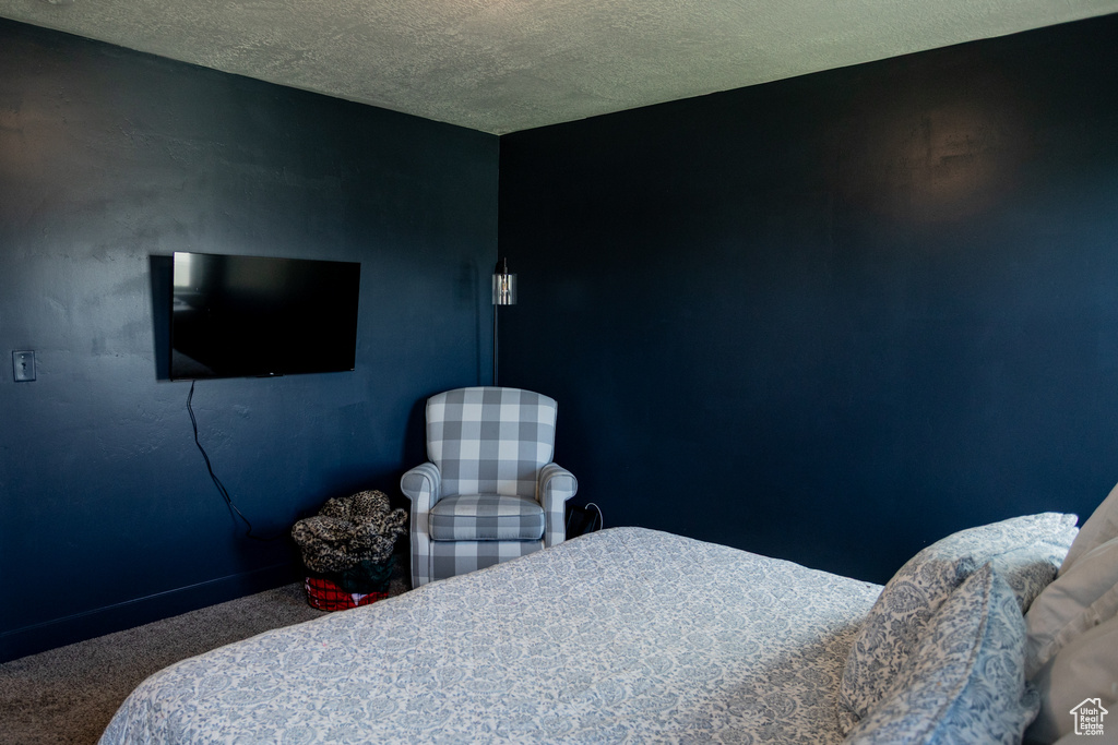 Bedroom featuring baseboards, carpet flooring, and a textured ceiling
