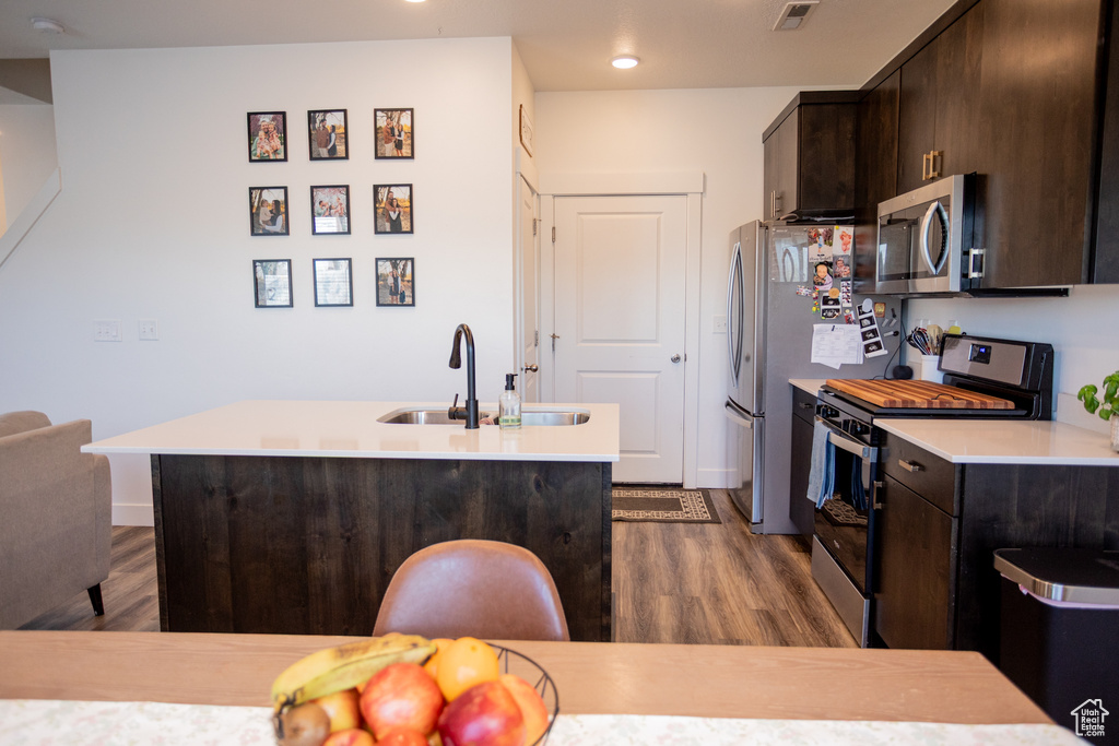 Kitchen with a sink, appliances with stainless steel finishes, dark brown cabinetry, and dark wood-type flooring