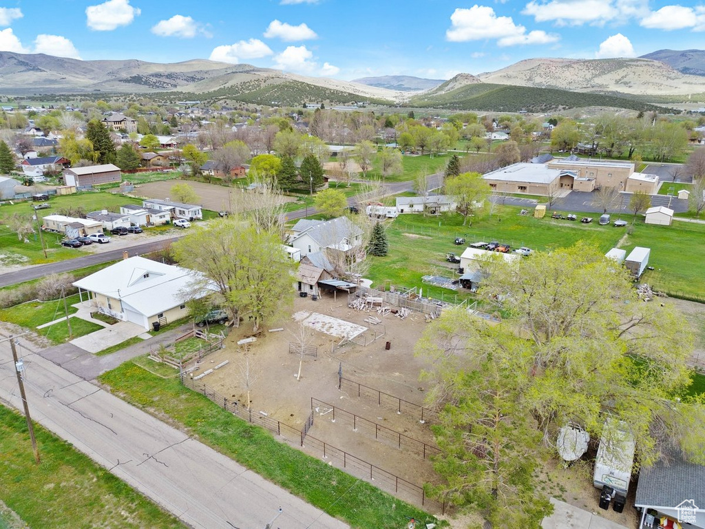 Drone / aerial view with a mountain view and a residential view