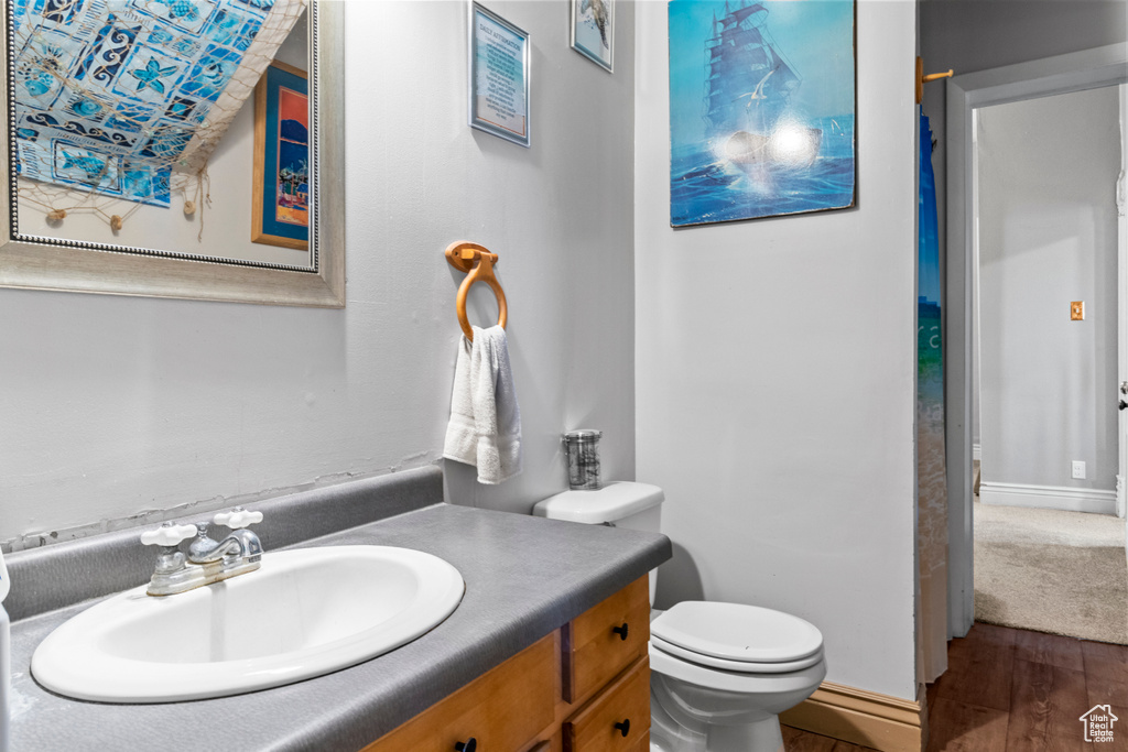 Bathroom with vanity, wood finished floors, and toilet