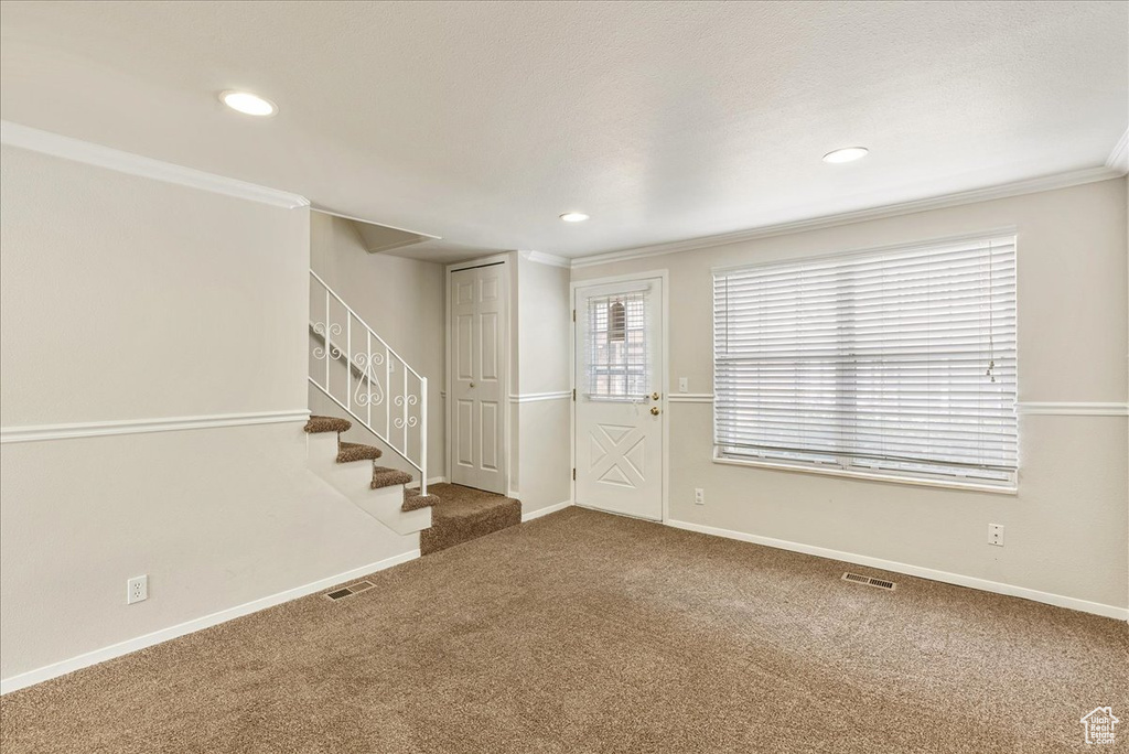 Interior space featuring visible vents, carpet, crown molding, and baseboards