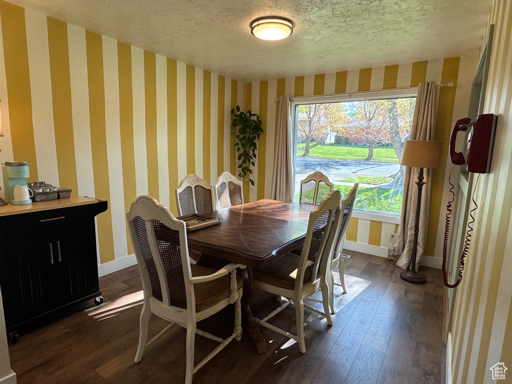 Dining area with baseboards, a textured ceiling, and dark wood-style floors