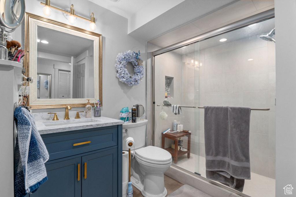 Bathroom featuring vanity, a stall shower, and toilet
