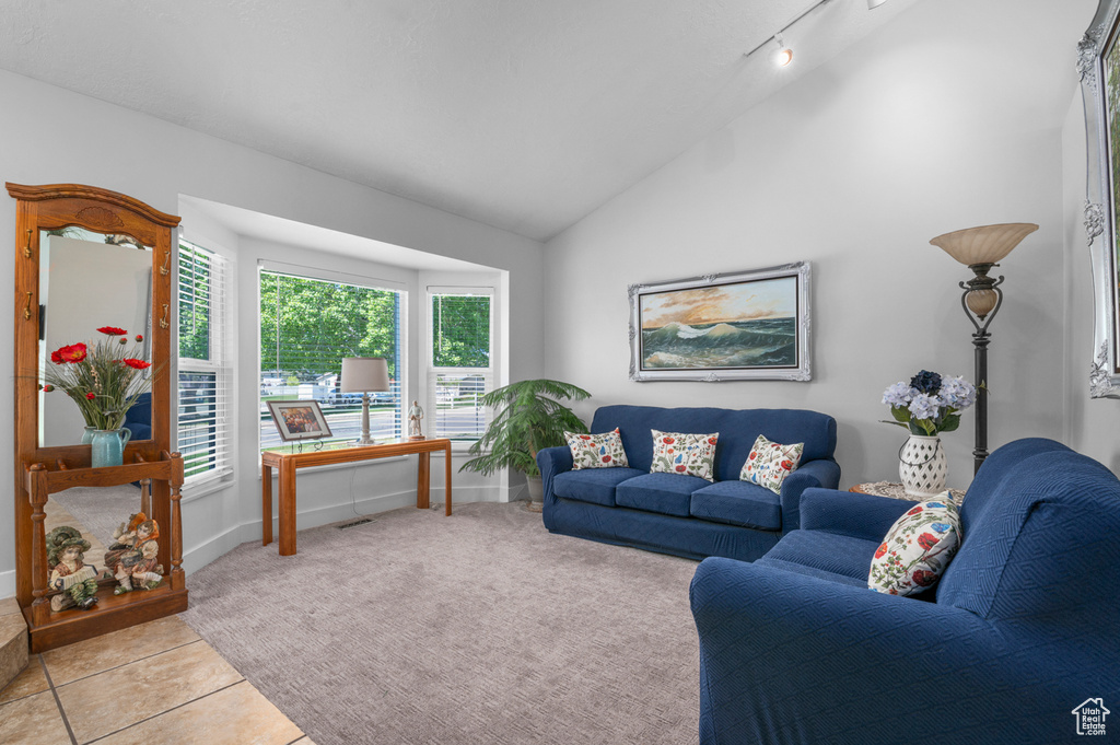 Tiled living room featuring track lighting, baseboards, and vaulted ceiling