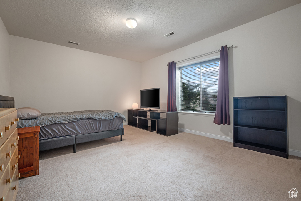 Carpeted bedroom featuring a textured ceiling, visible vents, and baseboards